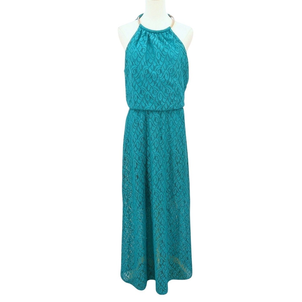 Bisou Bisou Teal Lace Halter Maxi‎ Dress Chain metal neckline Back Size 10